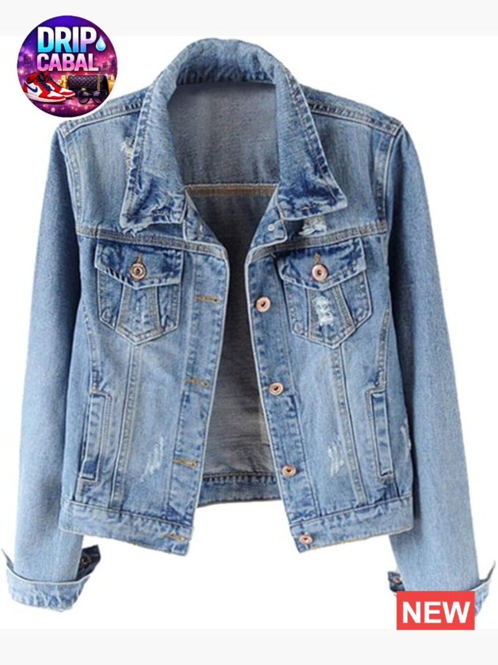 Distressed Ripped Long Sleeve Denim Jacket with Button Closure